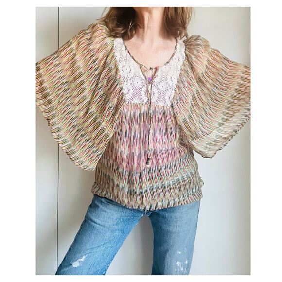 Ella Moss Silk Bohemian Batwing Blouse Size Small Multi Color Flowy Angelic - Picture 1 of 11